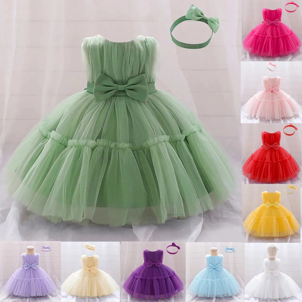 Fluffy Baby Bow Baptism Party Dresses For Girl Toddler Lace 1st Birthday Wedding Princess Evening Dress Pink Bridemaid Prom Gown 250120