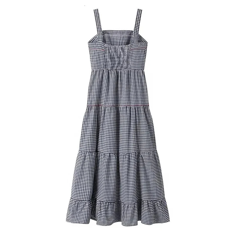 HXAO Women Ruffle Embroidery Slip Dress Sleeveless Plaid Dress Pleated Backless Beach Dress Holiday Woman Summer Dress 2024 250107