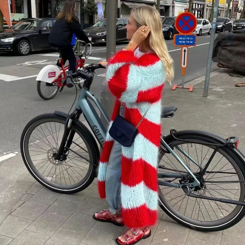 Spring Striped Women Sweater Long Cardigan Keep Warm Loose Sweaters Female Springr Elegant Casual Trendy Ladies Clothes 250114