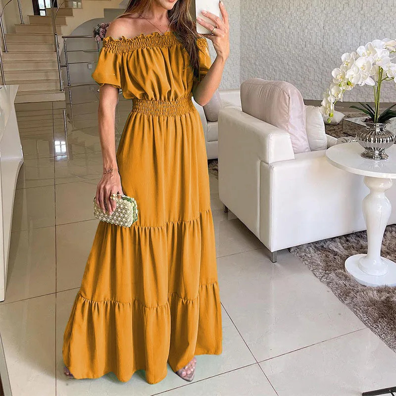 2025 Fashion Elegant Beach Party Dress Summer Solid Bohemian Short sleeved Long Skirt Ruffle Dress Womens Dress 250110