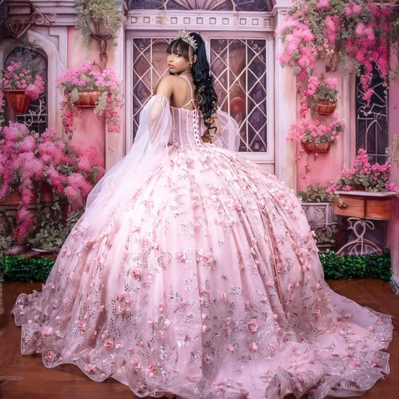 Pink Quinceanera Dresses Ball Gown Off Shoulder Sequin Appliques Lace Flower Beading Crystal Tull Birthday Party Sweet 16 Dress Vestidos 15 Anos