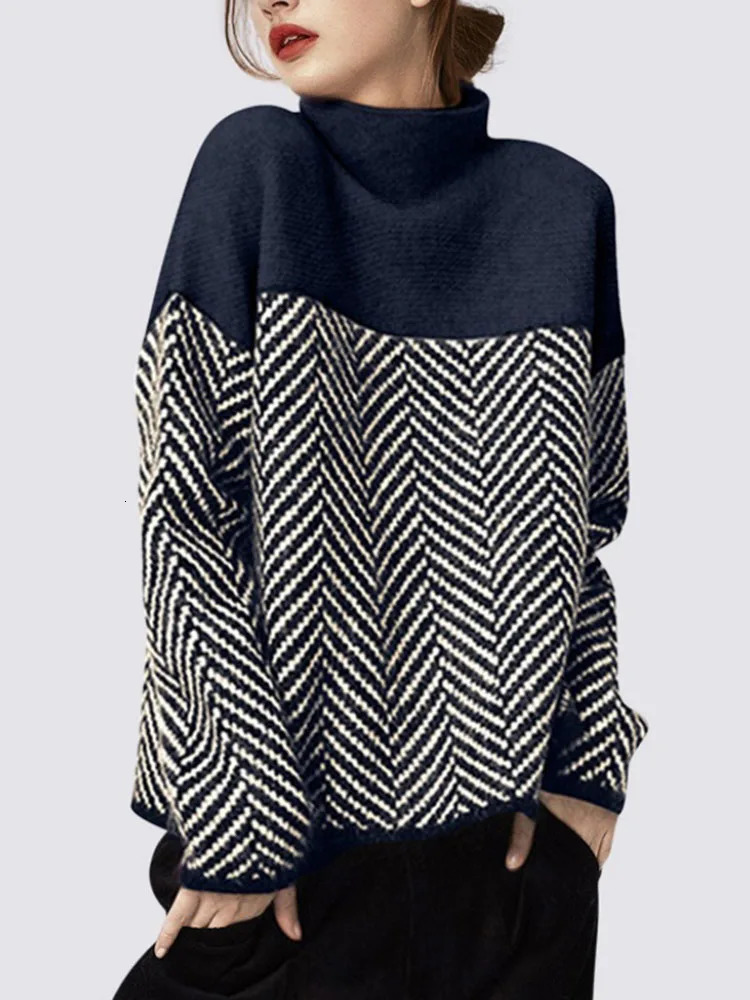 Contrast Color Turtleneck Sweater Women Autumn Winter Fashion Knitwear Long Sleeve Tops All Match Loose Thickened Jumper 250114