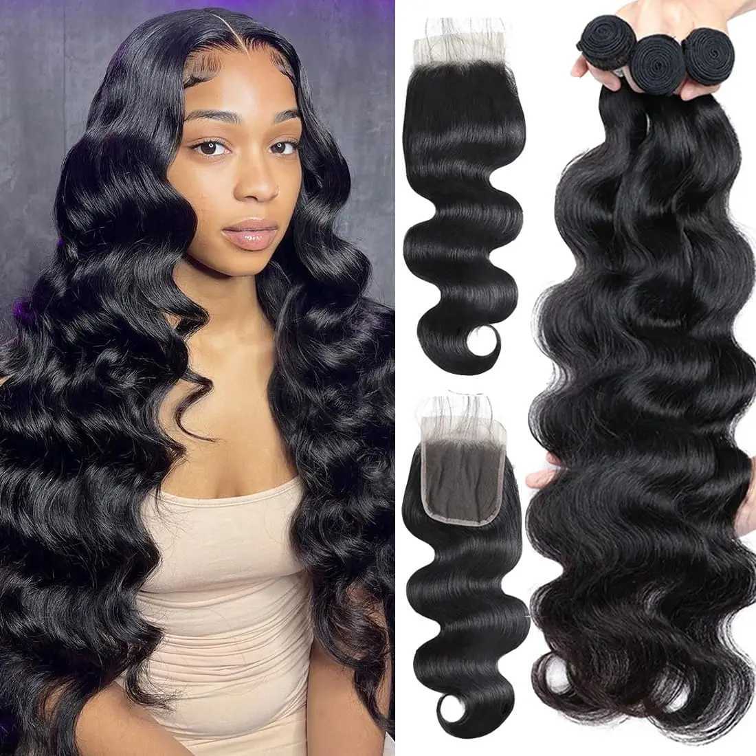 Body Wave Bundles with Clo Brazilian Human Hair 3 Bundles with 4x4 HD Transparent Lace Clo Natural Color 3 Bundles HairXJ250120