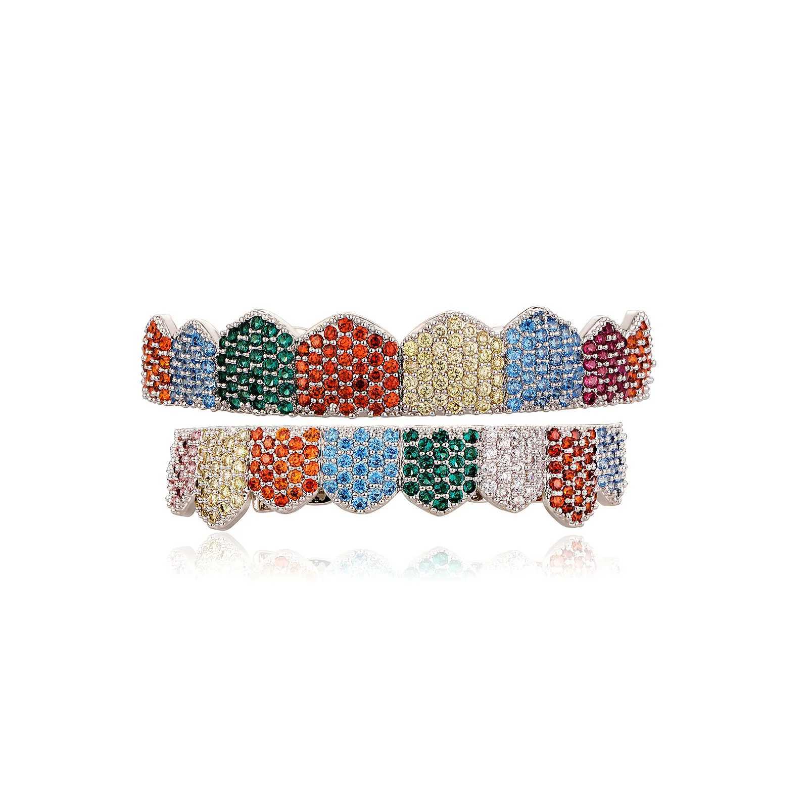 Hip Hop Colored Zircon Pave Sparkling Ice Out Flat Teeth Grillz Top Bottom CZ Dental Grill Male Rapper Jewelry Gold SilverXJ250412