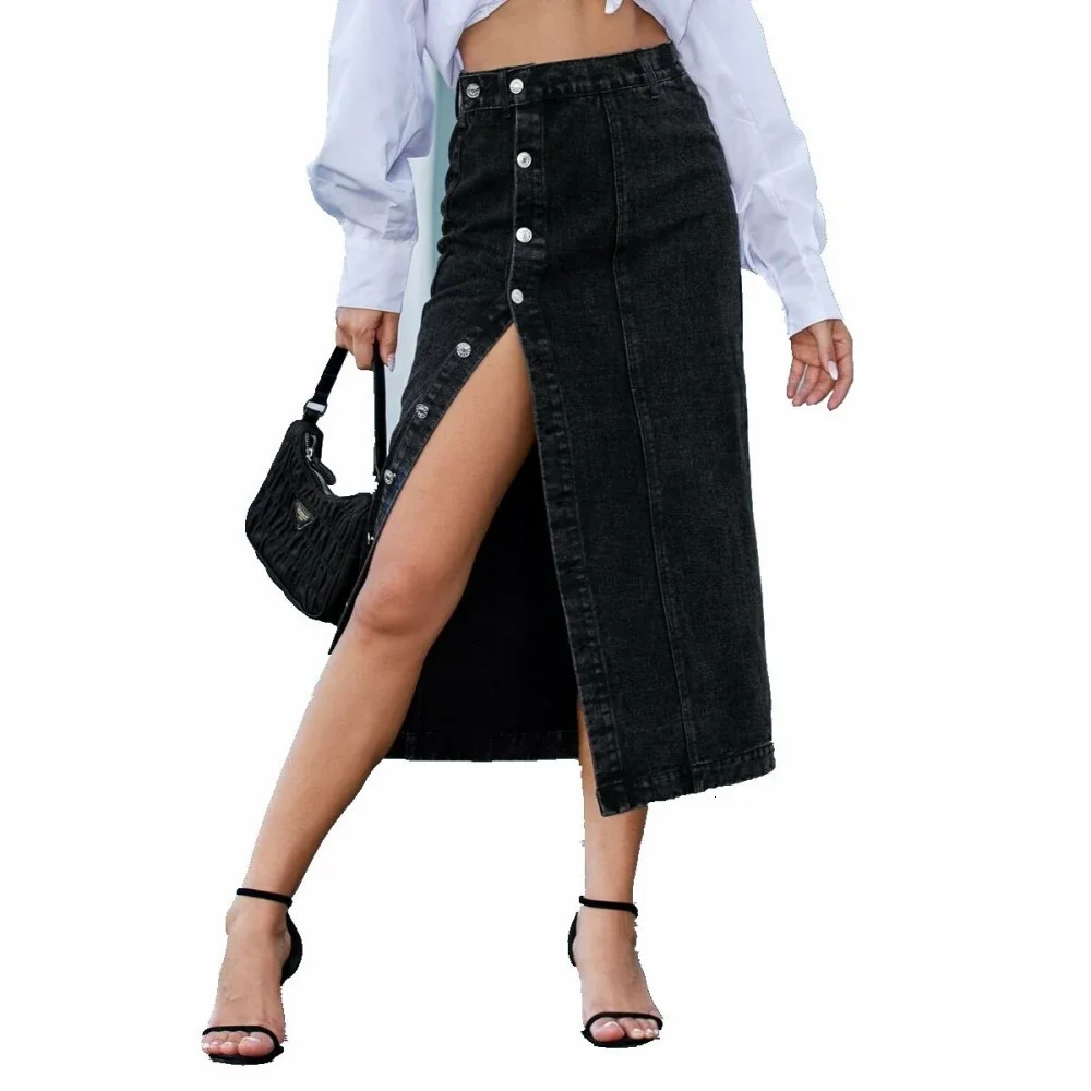 FICHOR Maxi Jeans Skirt Women Denim Long Summer Vintage Side Split Denim Skirt Women Long Korean 250117