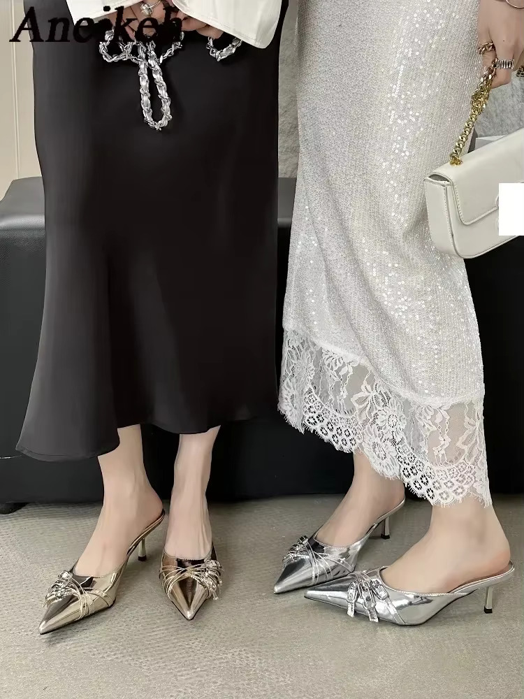 Aneikeh Fashion Pointed Toe Women Slippers Designer Shallow Thin Heels Banquet Dress Mule Ladies Shoes Atos De Mujer