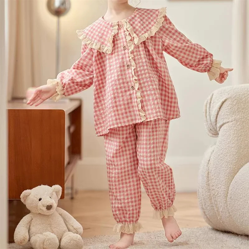 Girls Cute Checkered Pajama Set Autumn Long Sleeve Doll Collar Childrens Stylish Home Clothes Trendy 250121