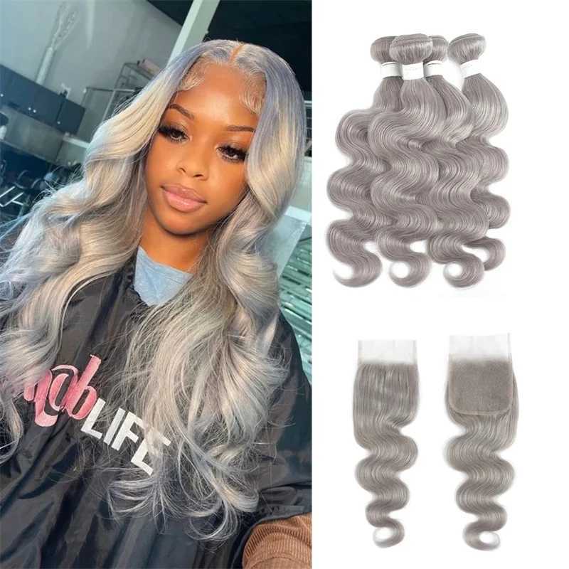 Silver Grey Bundle With Clo 4x4 Brazilian Body Wave Hair Weave Bundles With Lace Clo Remy 100% Human Hair Extension SOKUXJ250120