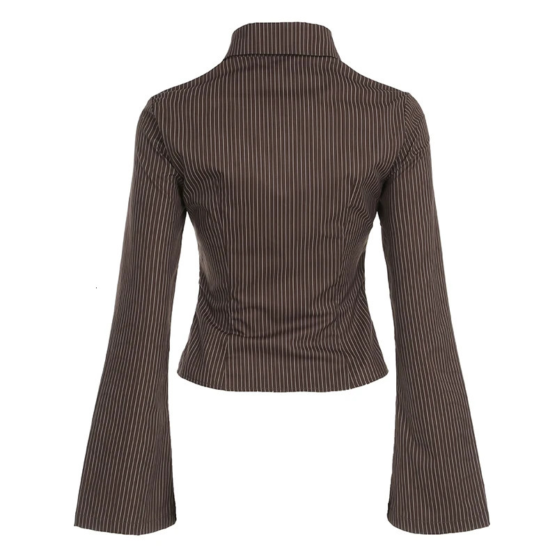IAMTY Vintage Striped Blouses Brown Buttonup Slimfit Shirts Office Ladies High Street Turndown Collar Flared Sleeve Tops 250121