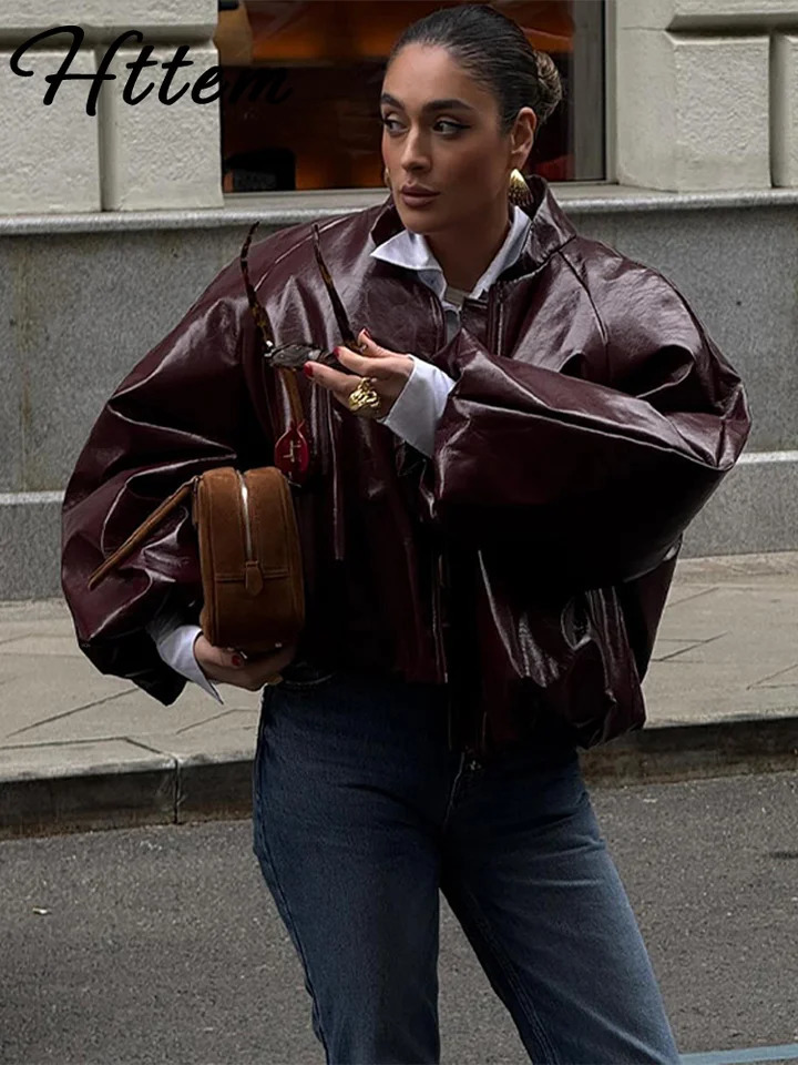 Burgundy Leather Bomber Jacket Women Loose Lapel Zipper Pocket Cropped Short Coats Autumn Lady Y2k Streetwear 250122