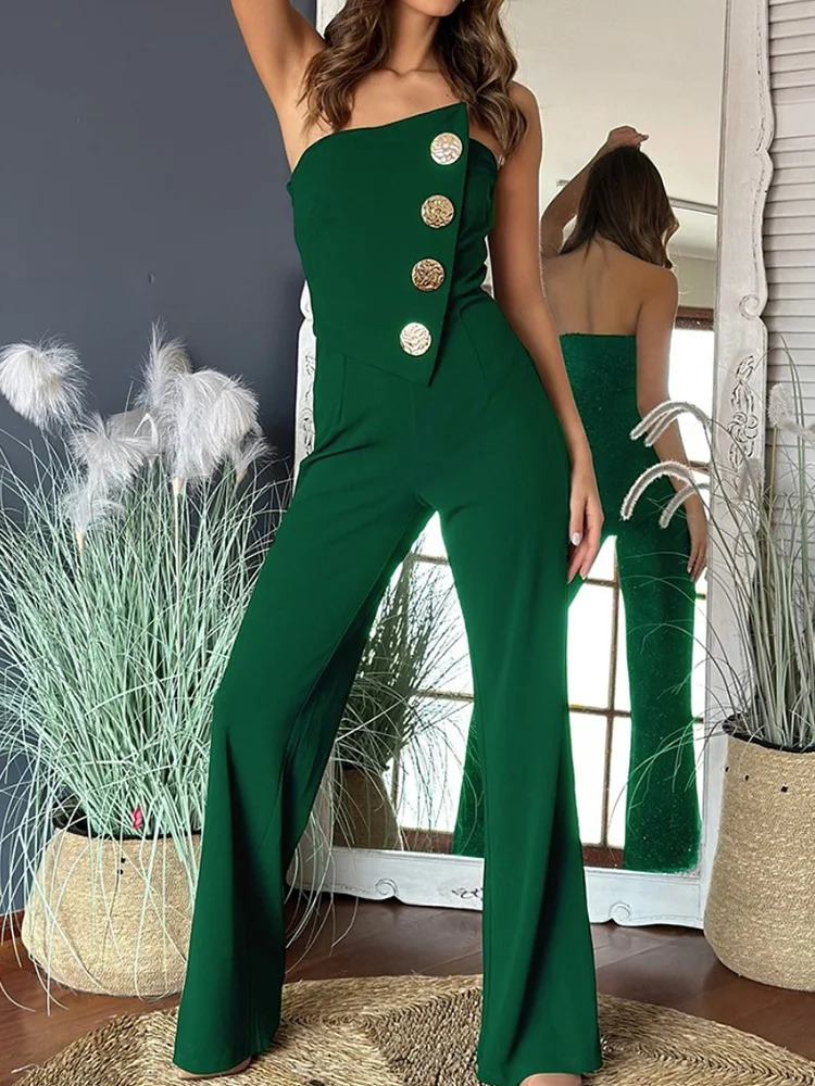 Summer Women Strapless Patchwork Jumpsuits Simple Sleeveless High Waist Playsuits Chic Wide Leg Pants Solid Bodysuits 250114