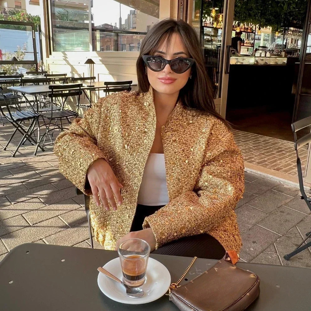 Suninheart Womens Sequined Bomber Jacket Fall O Neck Long Sleeve Pocket Stretch Hem Sequins Jacket Coat Female Chic Outerwear 250113