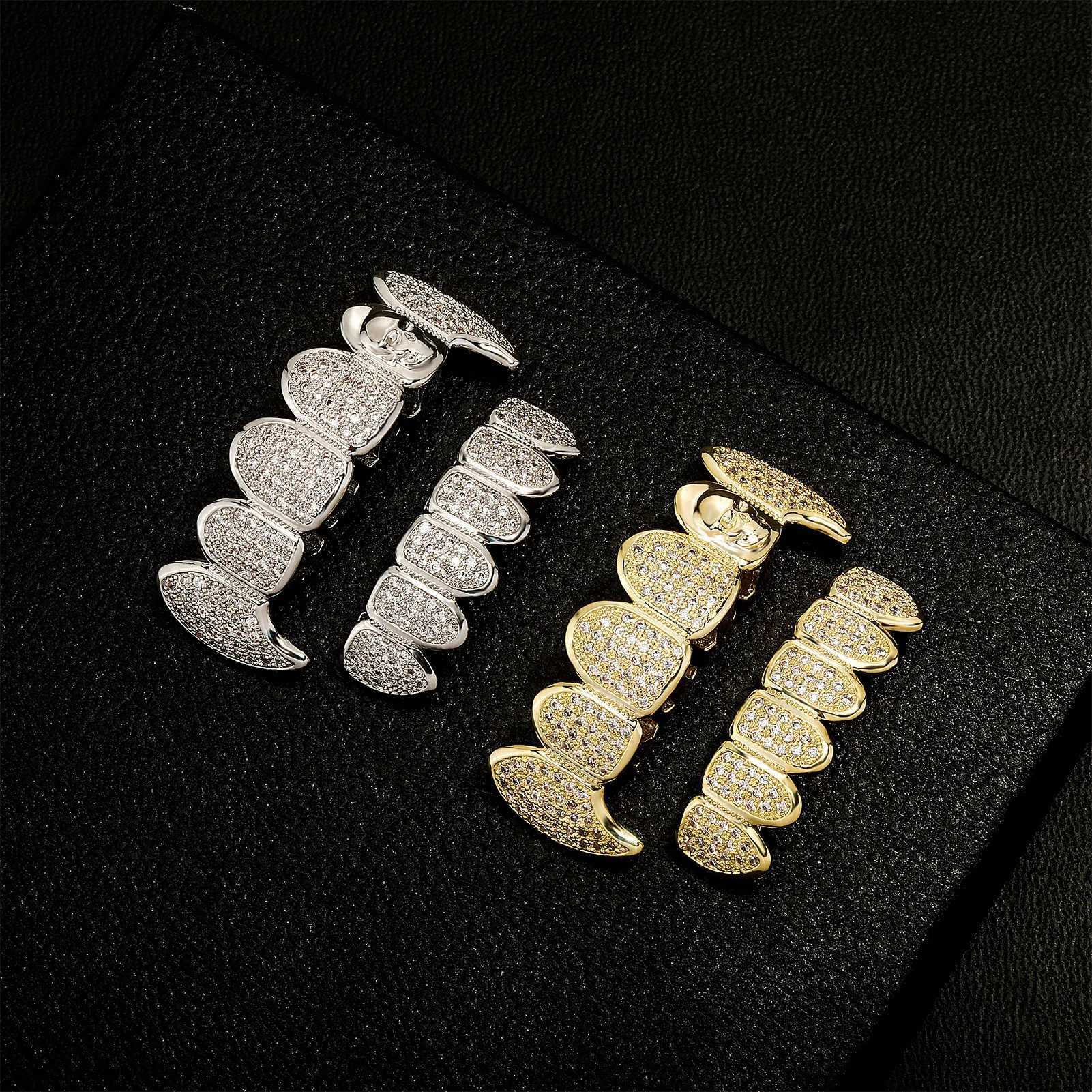 RACHELZ Hip Hop Skull Pattern Fangs Teeth Grillz Gold Plated Shiny Zircon Tooth Cap Decor Dental Grills For Men Women JewelryXJ250114