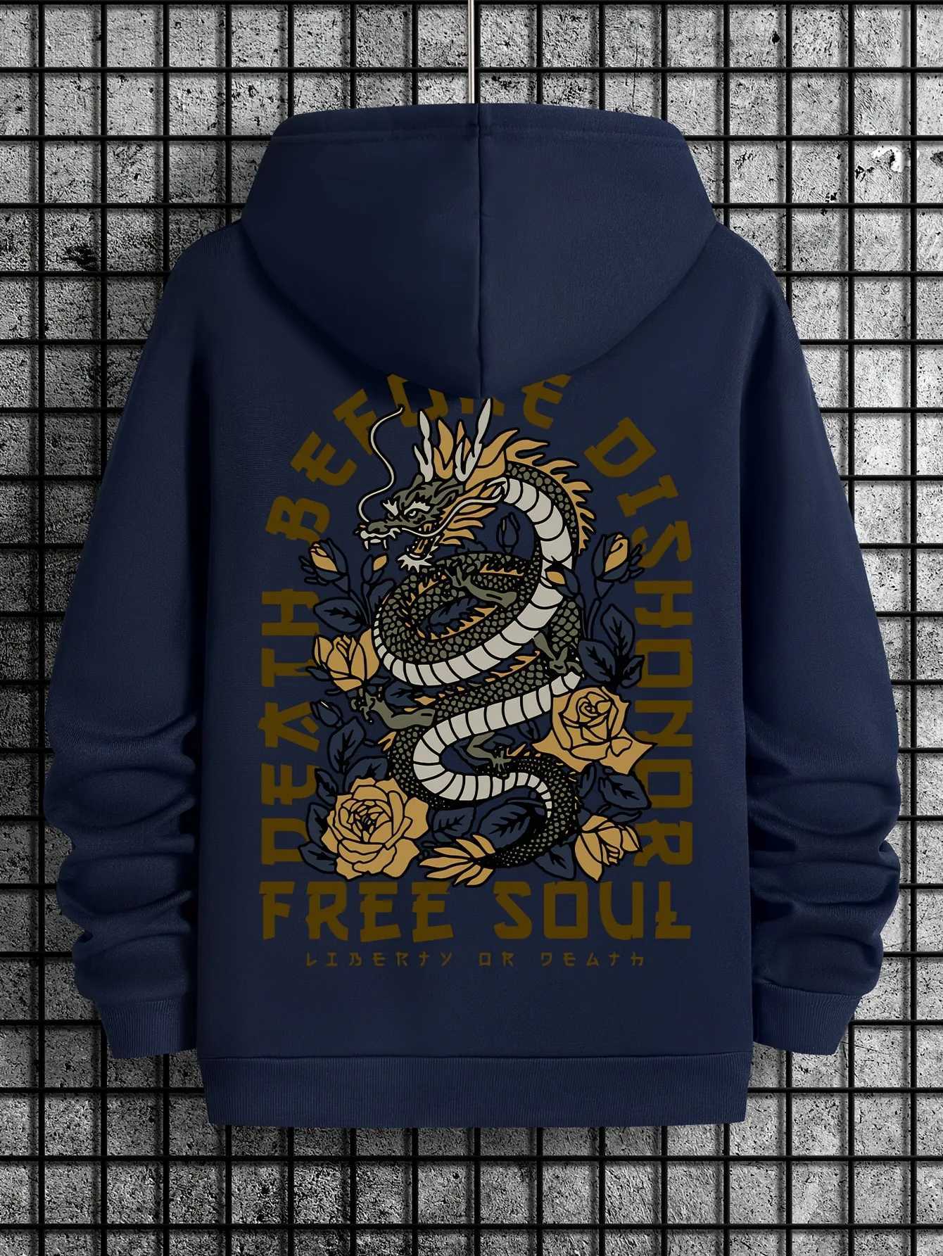 Mens Fashion Back Dragon Pattern Printed Casual Pullover Sweatshirt 2024 Hot Selling Loose Fleece Hoodie Long Sleeve S-3XLXJ2500118