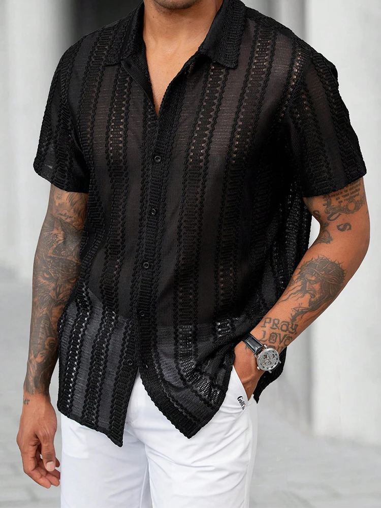 Daily Casual See Through Mesh Shirt For Mens Autumn Beach Sexy Hollow Out Mesh Lace Shirts Men Short Sleeve Breathable Tops 250118