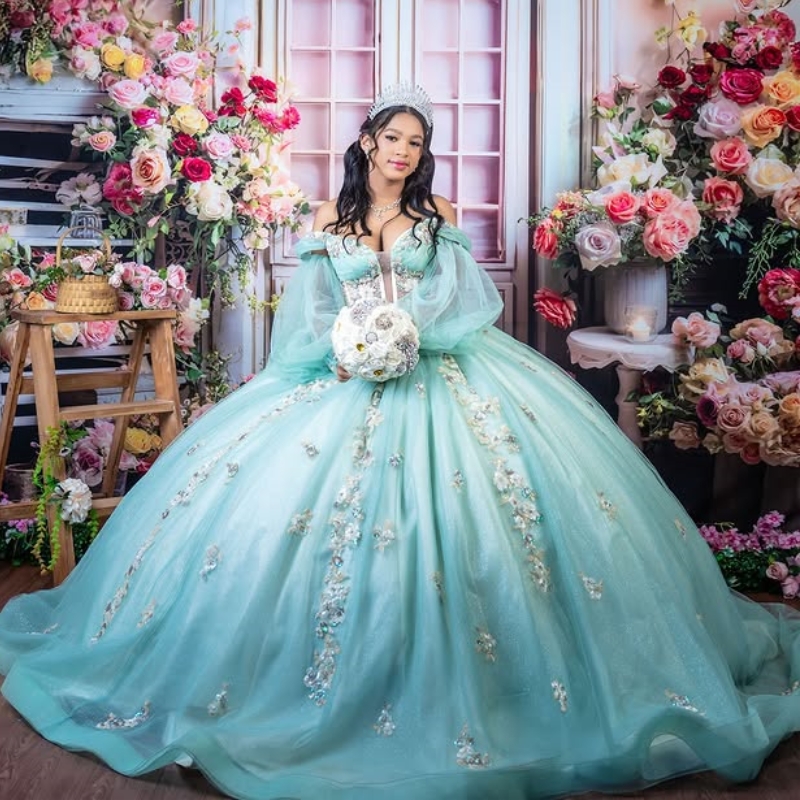 Mint Green Quinceanera Dresses Ball Gown Off Shoulder Appliques Lace Beading Crystal Tull Puff Sleeve Birthday Payty Sweet 16 Dress Vestidos