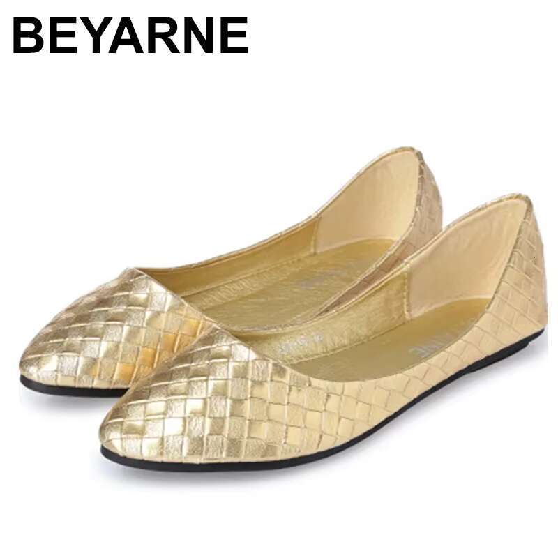 BEYARNE Ladies Ballet Flats Weaving Gold Sier Shoes Pointed Toe Breathable Slip-Ons Summer Plus size 35 41E522