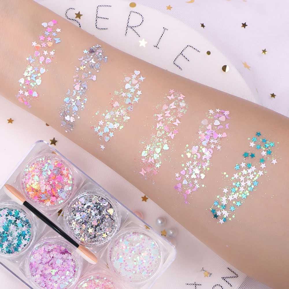 New Arrival 6 jars/set Eyeshadow Glitter Gel Cream Face Hair Body Nail Glitter Gel Heart Star Moon Loose Sequins Festival Makeup Decorations Z250121