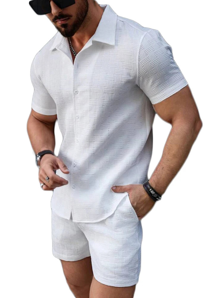 Leisure Breathable Beach Two Piece Suits Mens Summer Casual Short Sleeve Shirt And Shorts Men Outfits Vintage Textured Solid Set 250109