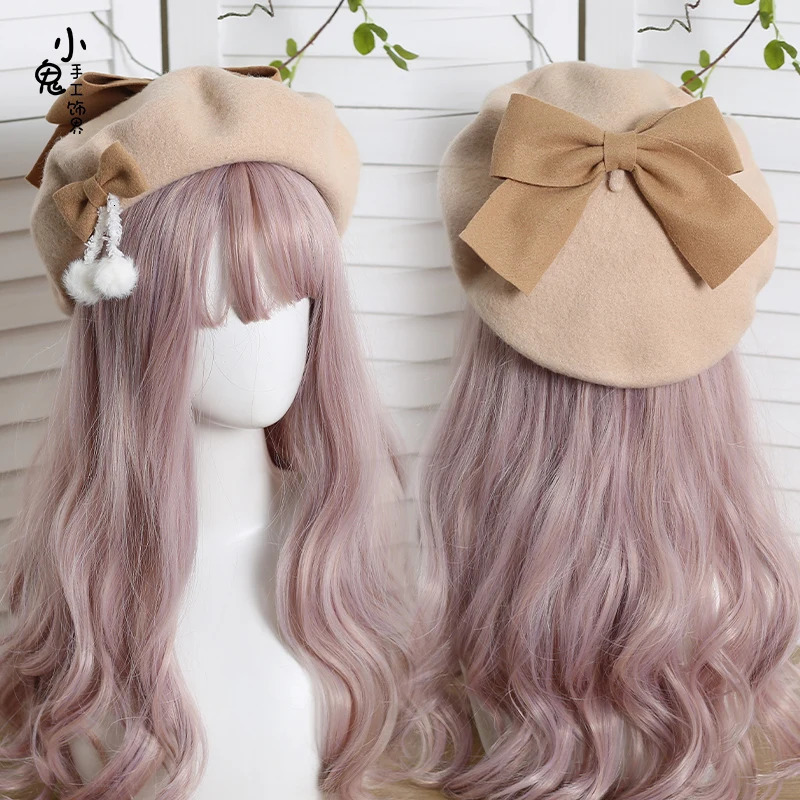 Japanese beret lolita girl heart sweet woolen female solid color pom-pom bow autumn and winter warm painter hat 250120