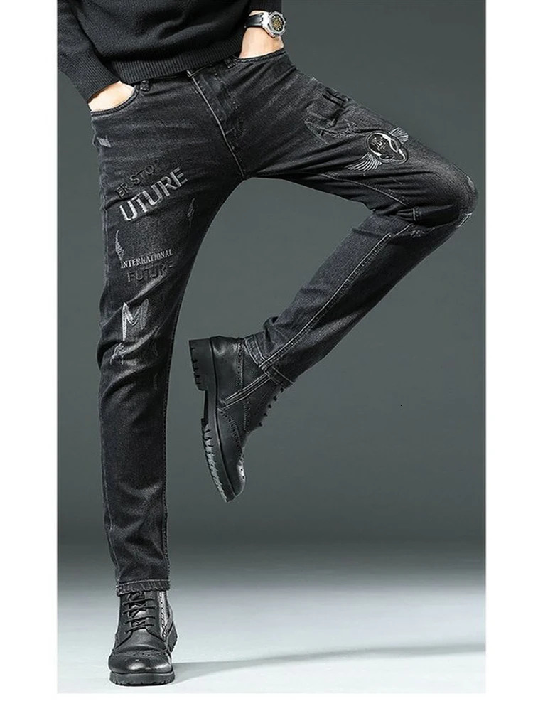 High End Stylish Classic Distinctive Printed Black Stretch Denim Jeans for Men High Quality Slim Fit Stretch Denim Pants 250118