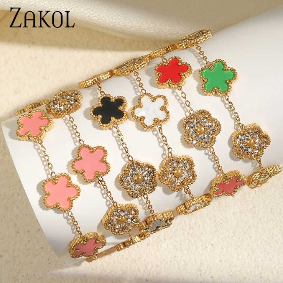 ZAKOL Lucky Five Leaf Flower Adjustable Bracelet Crystal Plant Stainless Steel Wens Hand Jewelry Gold Plated Bracelets X250129