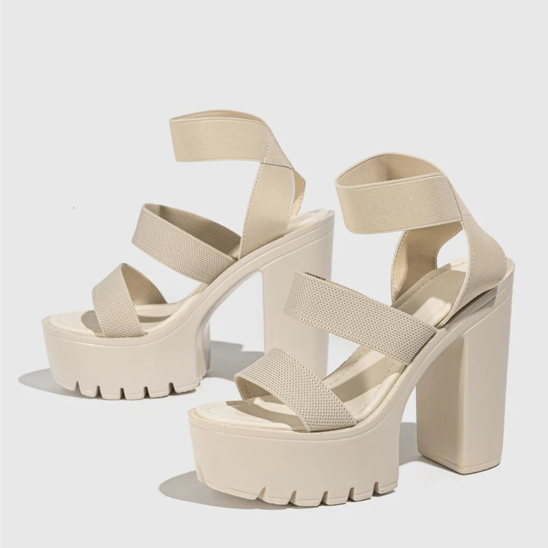 Liyke Punk Style Chunky High Heels Platform Sandals Women Open Toe Slip On Stretch Ankle Strap Summer Shoes Female Zapatos Mujer 250113