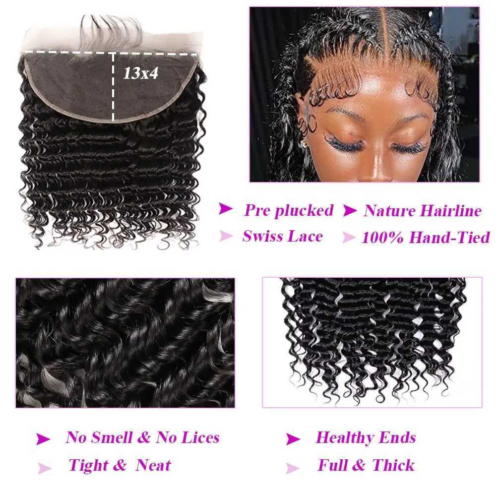 Deep Wave Human Hair Bundles with Clo 100% Unprocessed Virgin Human Hair 3 Bundles With Transparent Lace Frontal Natural 1BXJ250120