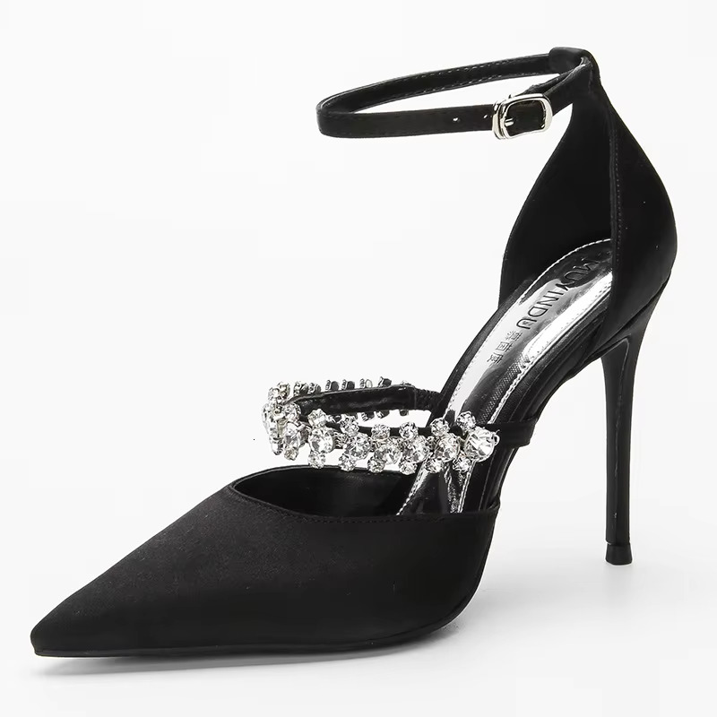 Summer Women's Satin Solid Color Buckle High Heels Fashion Pointed Stiletto Fairy Bow Toe Rhie Banquet Sandals