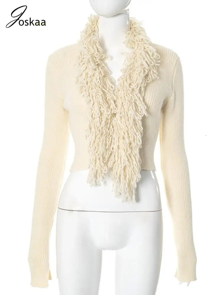 Joskaa Fashion Tassel Collar Knitted Cardigan Women Hipster V-Neck Full Sleeve Crop Sweater Coats Winter Outwear Y2K Streetwear 250122