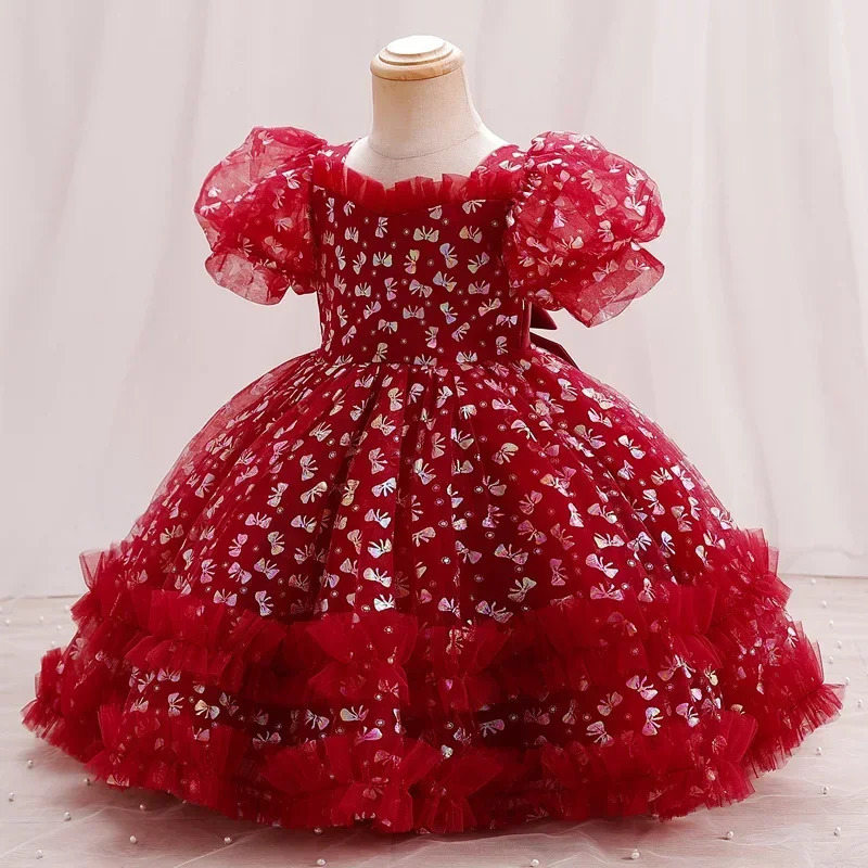 Summer Party Dress for Kids Girl Mesh Lace Short Sleeve Girl Evening Gown Fashion Children Girls Dresses 1-6 Years 250115