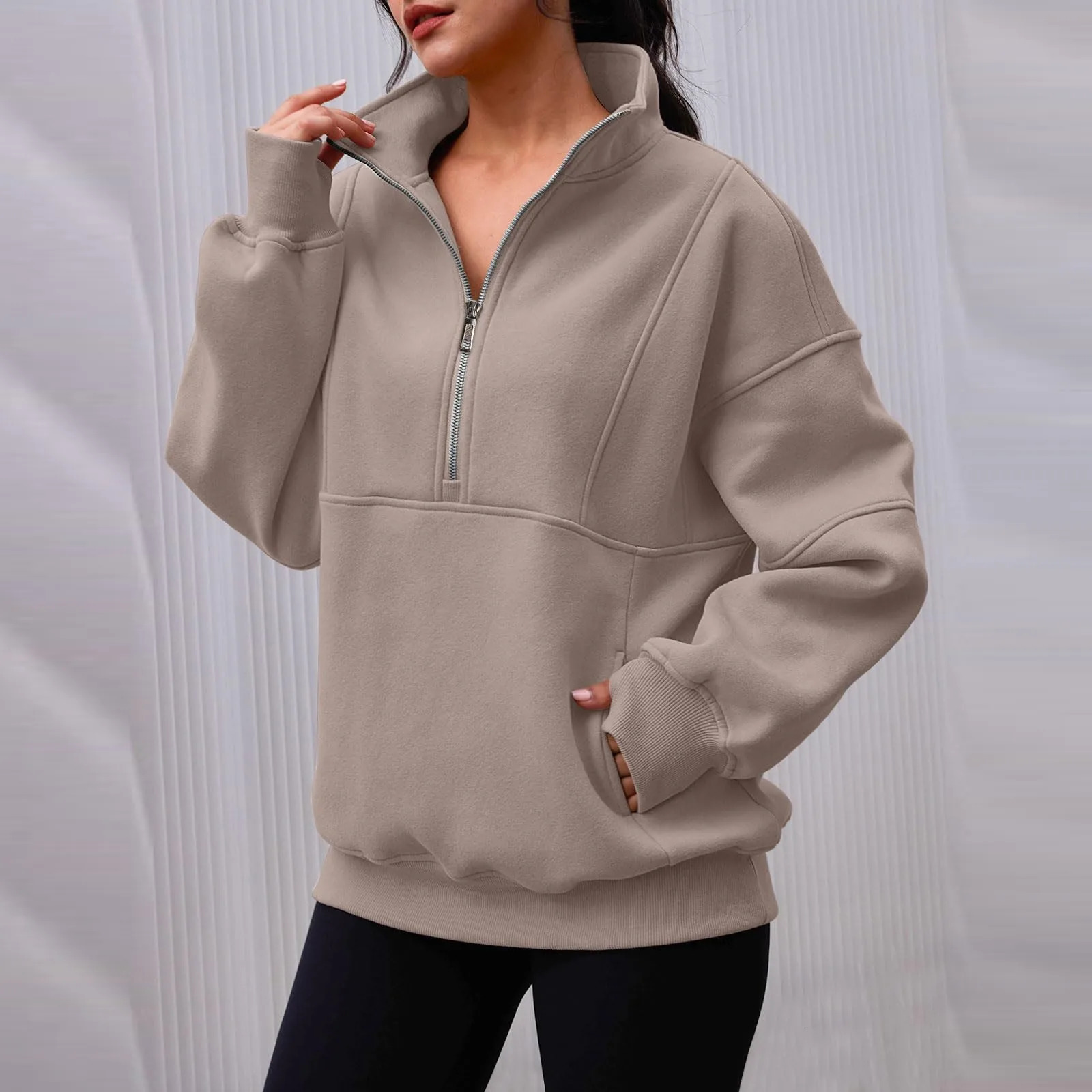 WomenS Plush Sweatshirt Fashion Half Zipper Stand Collar Loose Sports Long Sleeve Pullovers Casual Trend Solid Regular Tops 250122