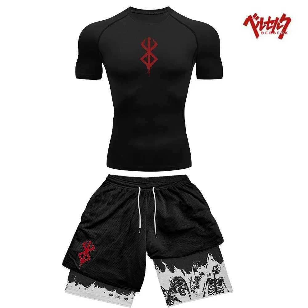 Berserk compression set mens fitness set quick drying compression shirt+gym shorts running exercise summer sportswear X250129