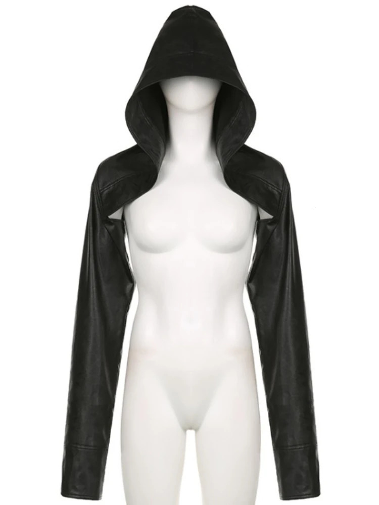 Vintage Gothic Cyberpunk Pu Crop Jacket Women Y2K Dark Harajuku Streetwear Hip Hop Alt Long Sleeve Leather Hooded Coats Female 250118
