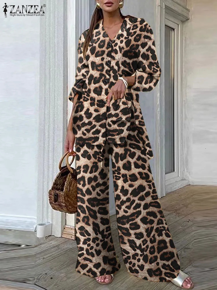 ZANZEA Vintage 2PCS Pant Sets Summer Women Fashion Leopard Printed Casual Loose Tops and Pant Outfits Wide Leg Pant Sets 250118