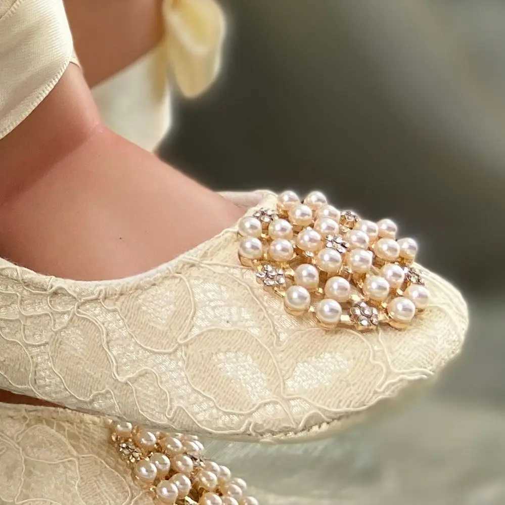 Ivory Lace Baptist Girls Shoes Photography Flower Baby Sparkling Pearl Christmas Shoes Soft and Comfortable Baby Shoes X250129
