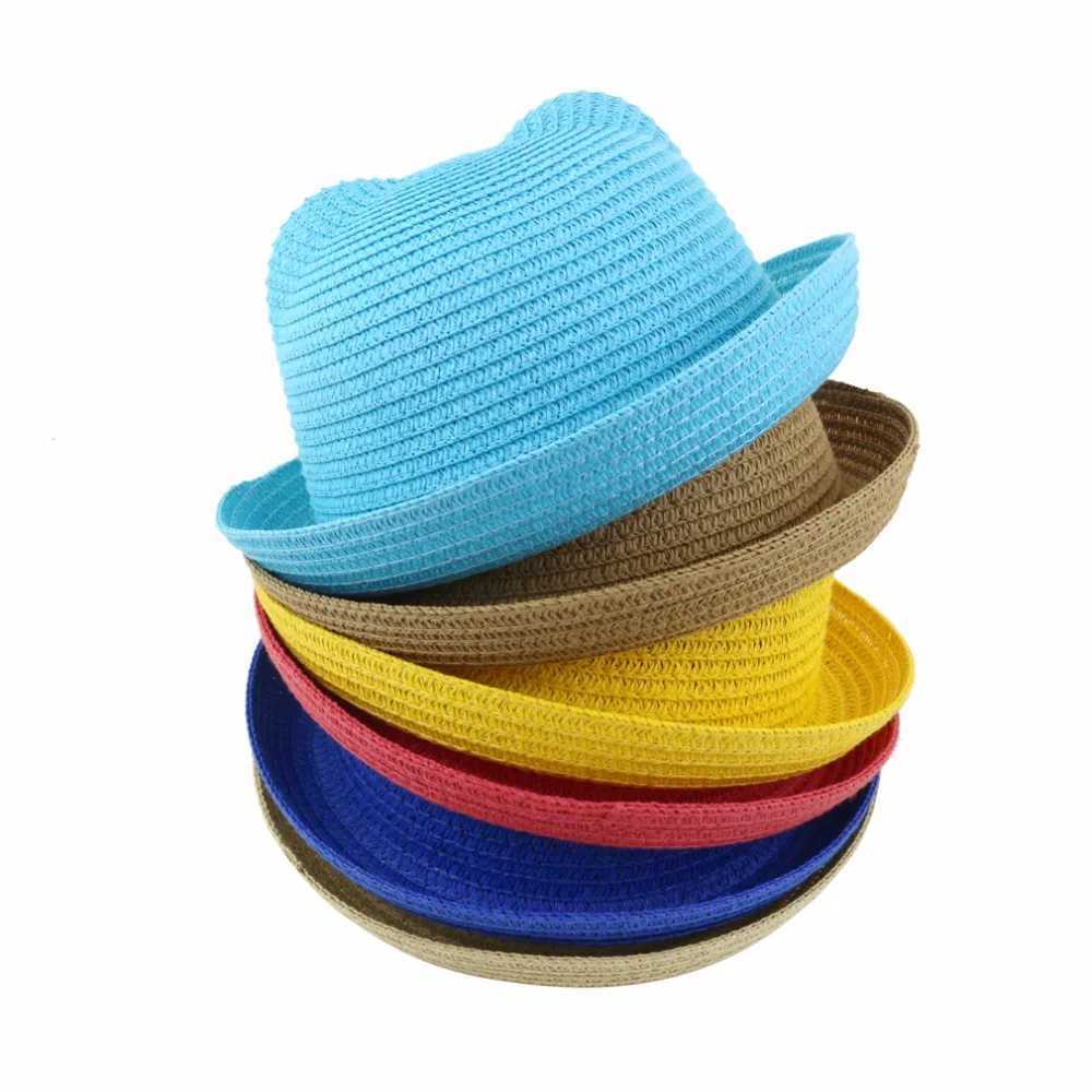 Summer Baby Ear Decoration Lovely Children Character Solid Kid Floppy Panama Straw Hats Girls and Boys Sun Hat M250121
