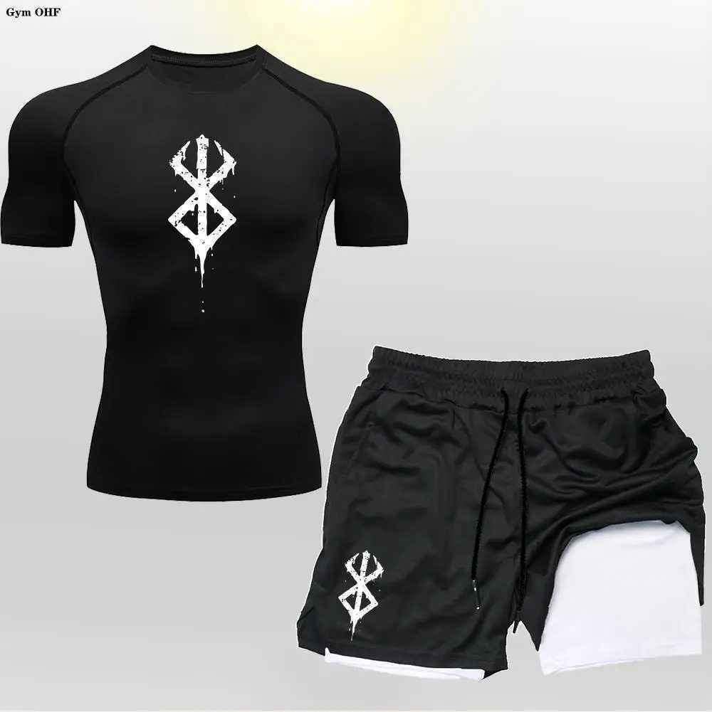 Anime Mens Cycling Sportswear Quick Dry Tight Fitting Sport 2 In 1 Double-Deck Shorts Mens T Shirt Suit Men Gym Running Trained X250129