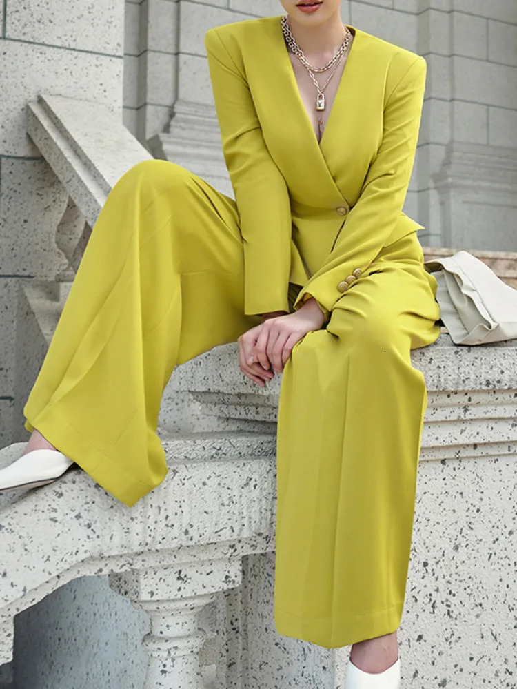 LANMREM Elegant Suits 2 Set For Women Gathered Waist Blazers High Pleasted Wide Leg Pants Fashion 2025 26D8939 250114