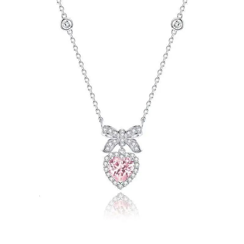 Pink Zircon Heart Bow Pendant Necklace With Rose Flower Gift Box For Wedding Romantic Mothers Day Fashion Jewelry 250117