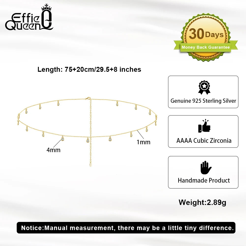 Effie Queen Body Belly Chain 925 Sterling Silver CZ Waist Chain Adjustable Belt Sexy Bikini Body Chains Jewelry for Women CW01 250117