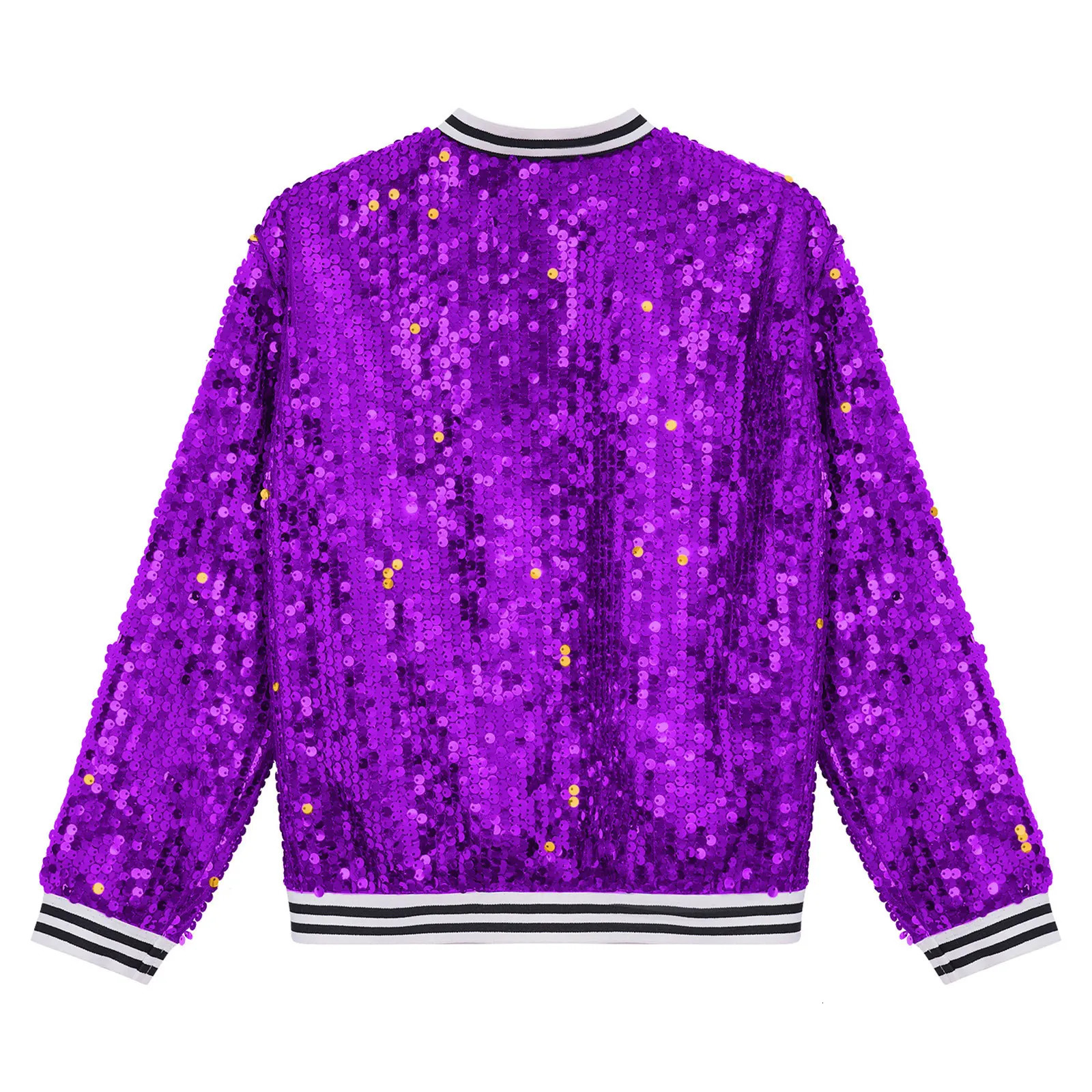 Kids Girls Shiny Sequins Jacket Baseball Coat Long Sleeve Front Zip Up Striped Trim Outerwear Jazz Modern Dancing Party Jackets 250113