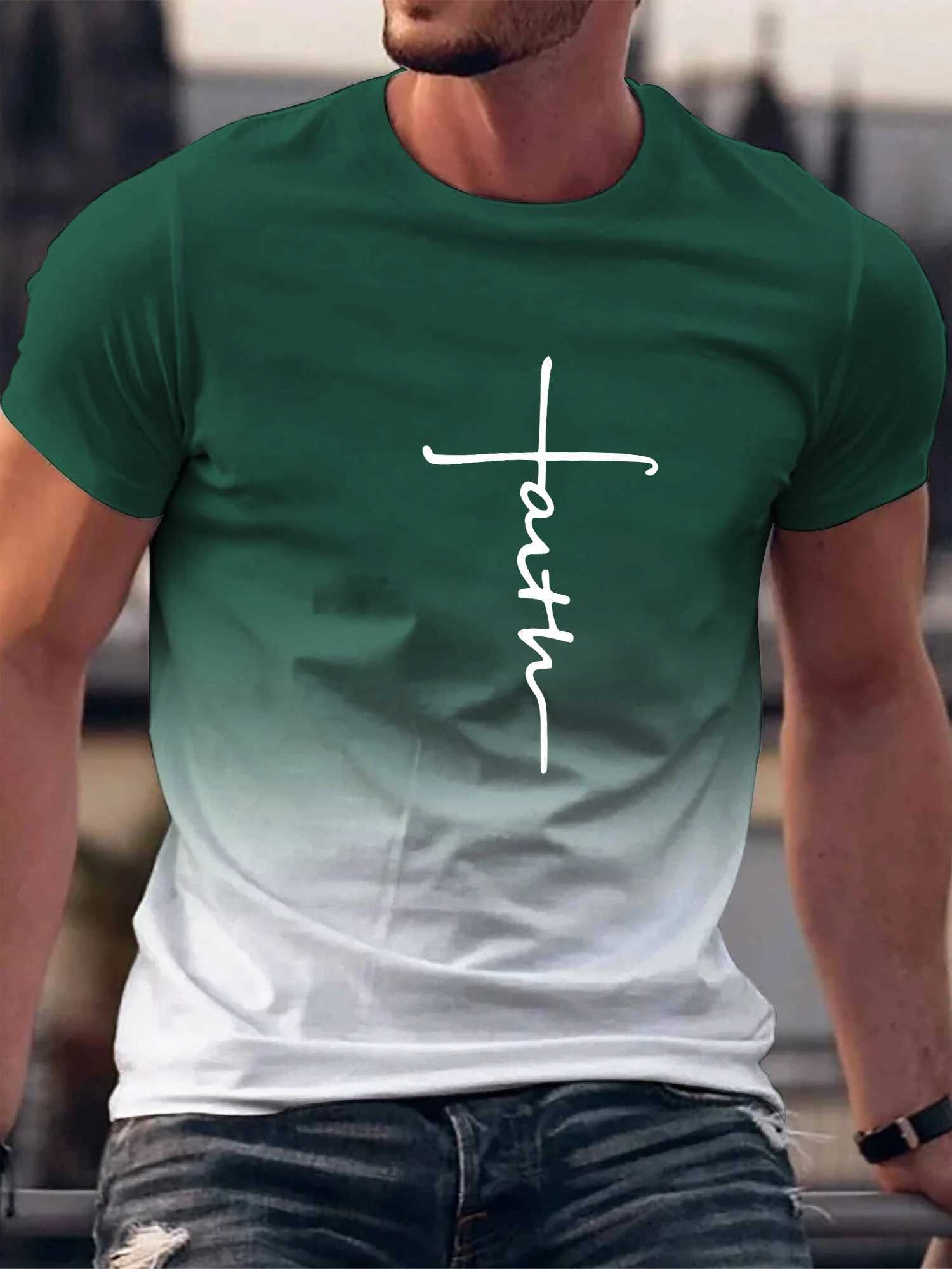 FAITH T-shirt Mens Gradient Color And Alphabet Print With Crew Neck Short Sleeve Casual Trendy Tops Suitable For SummerXJ250117