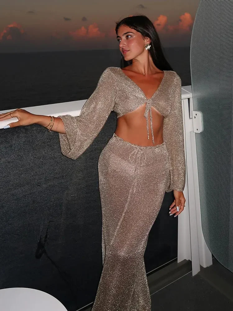 Sexy Metallic Gold Tank Top Long Skirt Knit 2 Piece Wrap Hip Long Skirt Knit 2 Piece Set Vacation Club Party Clothing S145 250113