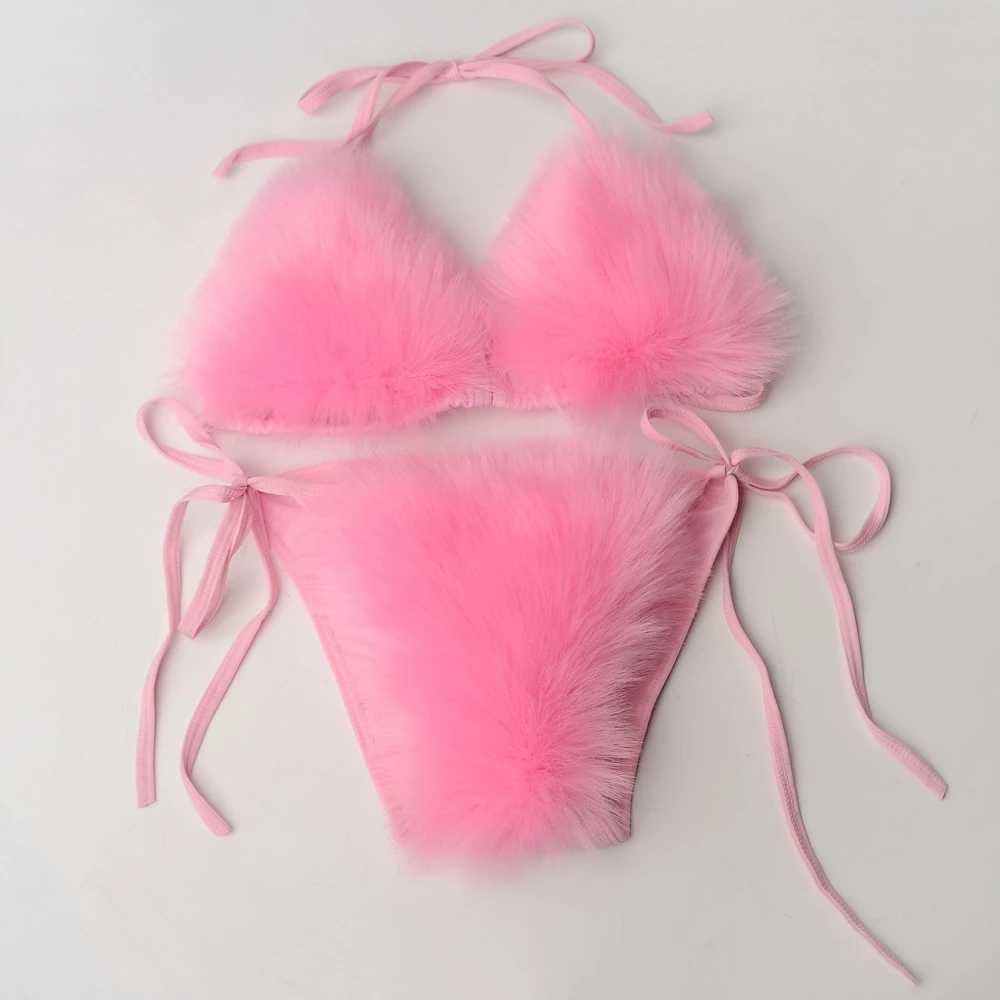 2024 Sexy Women Swimsuit Fe Solid Black Micro Fur Bikini Set Push Up Swimwear Thong Brazilian Swimming Bathing SuitXJ250120