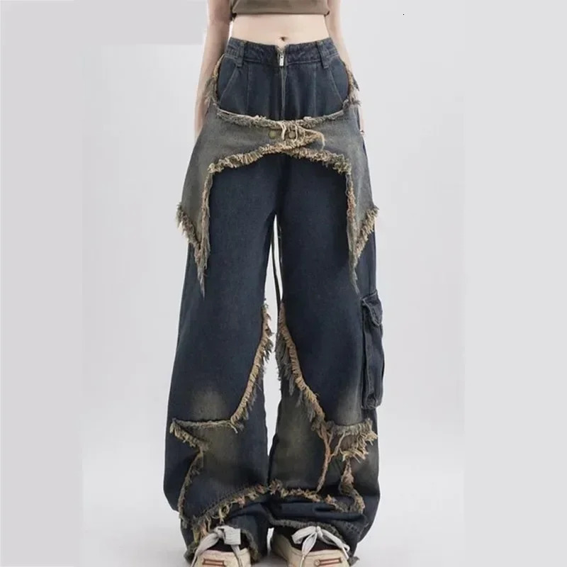 women star stitching tassel pants American retro high street jeans loose wide leg trendy punk y2k 250115