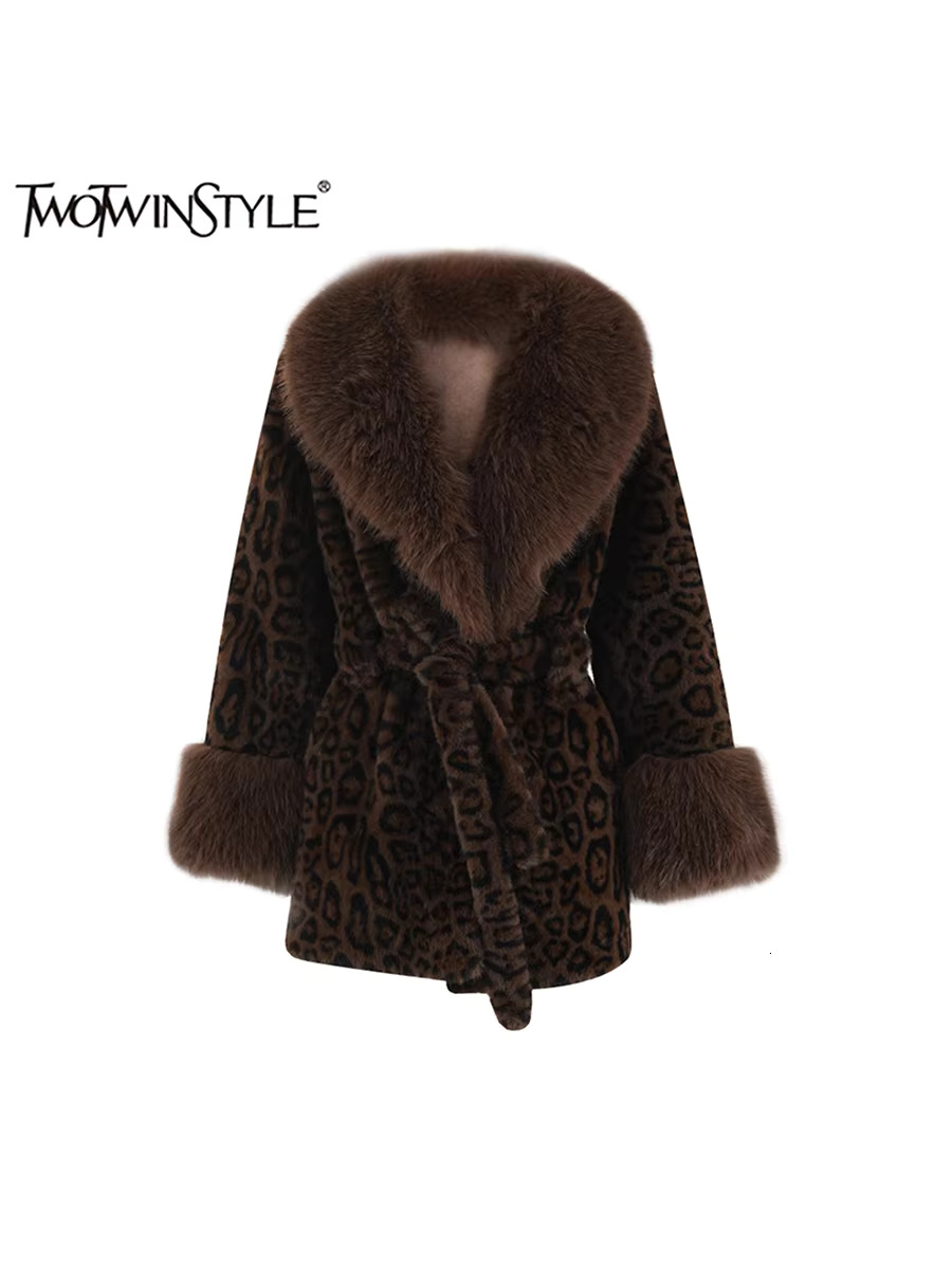 TWOTWINSTYL Temperament Blends Jacket For Women Lapel Long Sleeve Patchwork Lace Up Loose Fur Winter Coats Female Fashion New