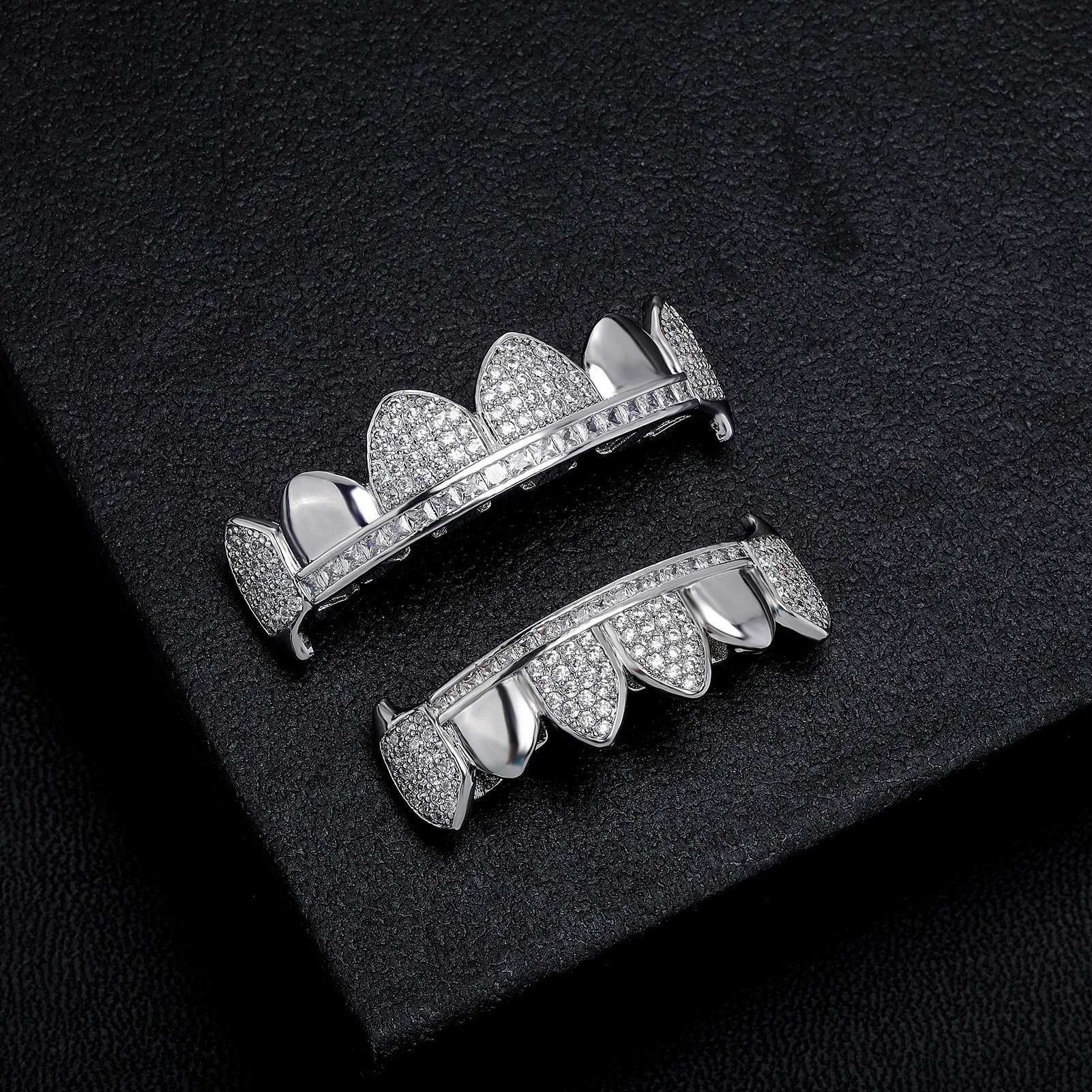 Hip Hop CZ Teeth Grillz Rhinestones Silver Plated Tooth Rapper Jewelry Iced Out Grills For Men WomenXJ250114