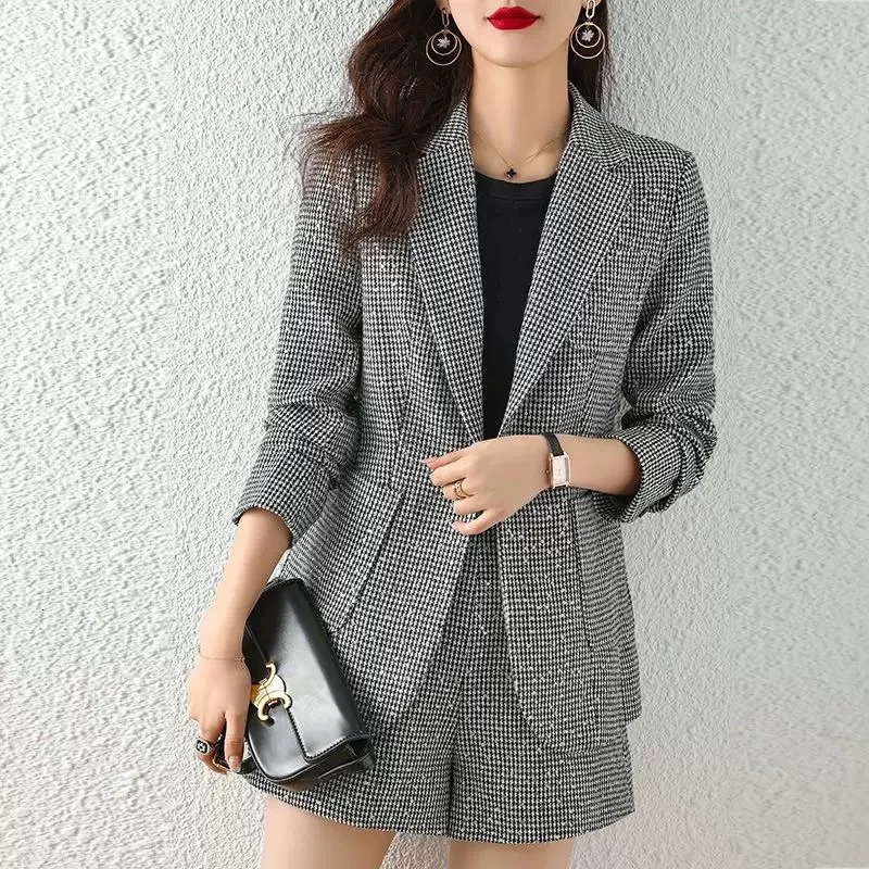 Spring Fall Plaid Sequins Suits Office Full Sleeve Blazer Jackets High Waist Short Pants Outfits Elegant 2 Pieces Sets 250122