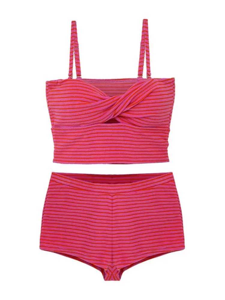 OIINAA Swimwear Women Sexy Pink Bikini Set Solid Color Cross Swimsuit Hollow Out Biquinis with Shorts Two-piece New Bathing SuitXJ250120